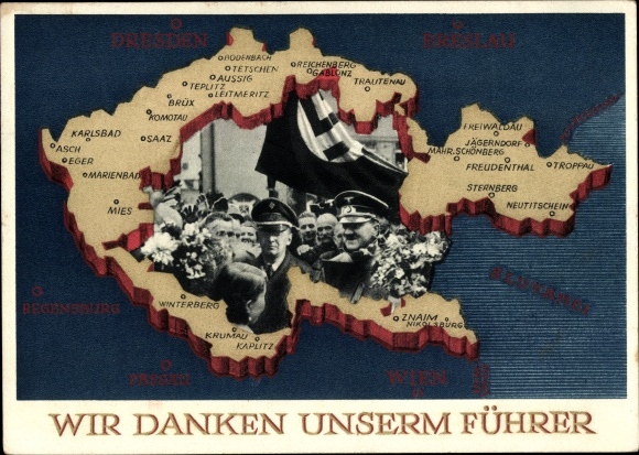 Postal stationery PC We thank our leader, Sudetenland, Bohemia, Moravia, Hitler