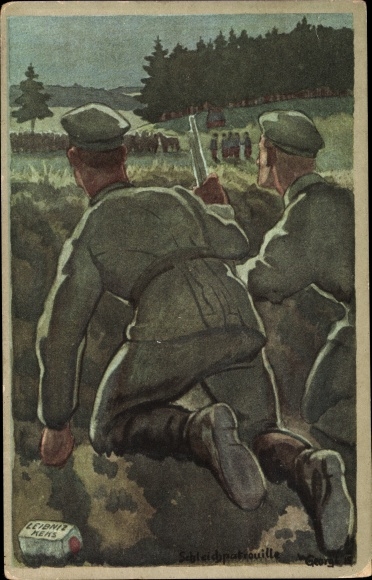 Artist PC Georgi, W., sneak patrol, advertising, Bahlsen, Leibniz Biscuit, German soldiers