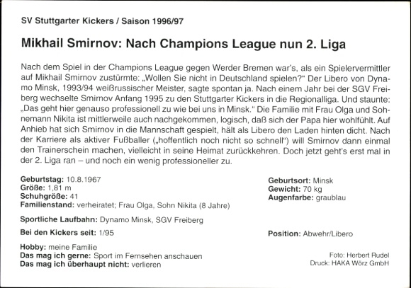 Karta autografu piłkarza Michaiła Smirnowa, SV Stuttgarter Kickers, autograf