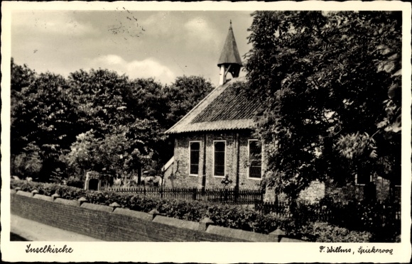 Postcard Nordseebad Spiekeroog in Ostfriesland, island church