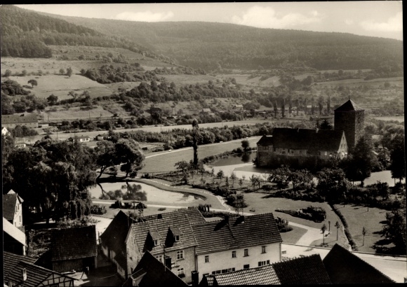 Ak Burgsinn in Neder-Franken, panorama, uitzicht op waterburcht en park