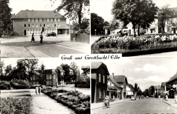Postcard Geesthacht in the Duchy of Lauenburg, town hall, park, flowers, street scene, bicycle