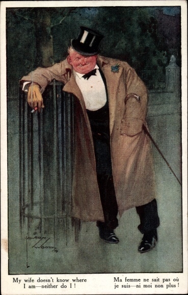 Artist Postcard Wood, L., drunk, cigarette, My wife doesn't know where I am...