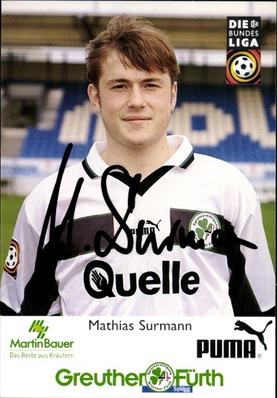 Autograph card footballer Mathias Surmann, SpVgg Greuther Fürth, autograph