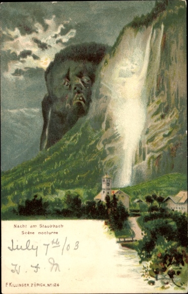Chromo-Litho Nacht am Staubbach, Scène nocturne, Killinger No 124, Berggesichter