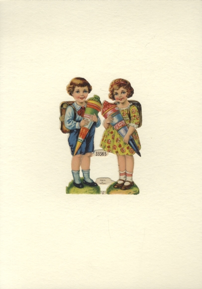 Wafer block of 2, 33565, girl and boy with candy cones and school folders, size approx. 12 x 8.5 cm