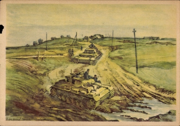 Artist Postcard Hensel, German Wehrmacht, Rolling Panzer III