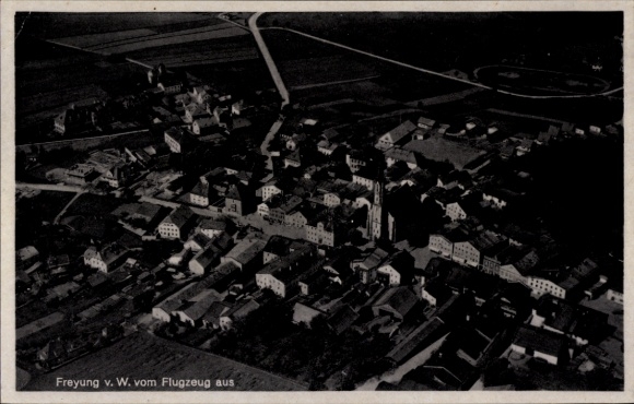 Postcard Freyung in the Bavarian Forest, aerial view of building, rural surroundings