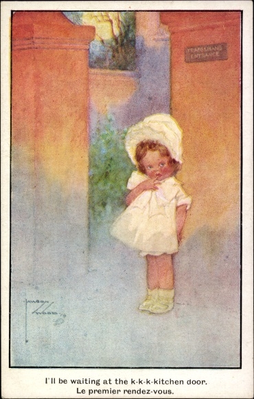 Artist Postcard Wood, L., Shy girl waiting in front of a house