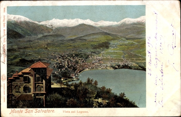 KP Lugano Canton Ticino Szwajcaria, widok na Monte San Salvatore, Lago di Hotel Restau, góry w H