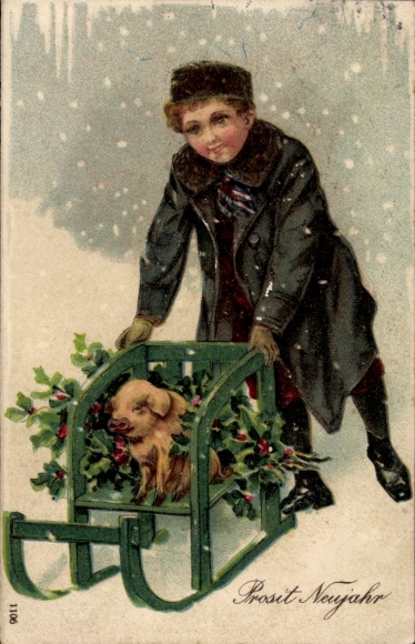 Chromo-Litho New Year, piggy, sleigh, boy