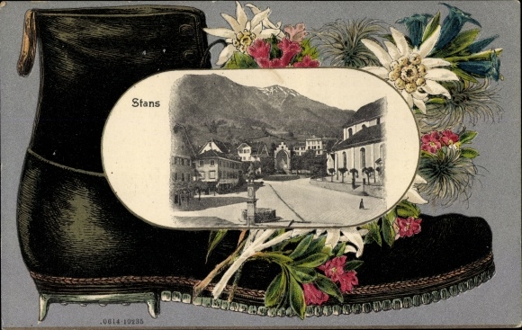 Wytłoczona pocztówka passepartout Stans Canton Nidwalden, buty turystyczne, szarotka alpejska, widok na miasto
