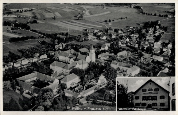 Ak Polling bij Weilheim Opper-Beieren, luchtfoto van Gasthaus Palmberger klein weergegeven