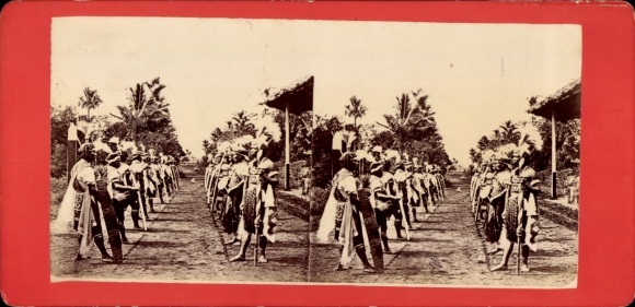Stereo photo of Moluccan warriors, formation for war dance