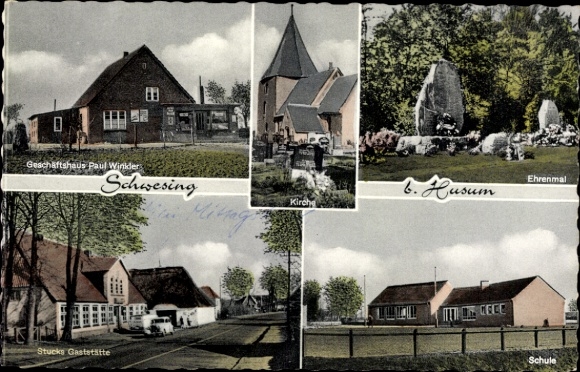 Ak Schwesing in Noord-Friesland, kerk, gedenkteken, Paul Winkler-winkel, school, restaurant Stucks