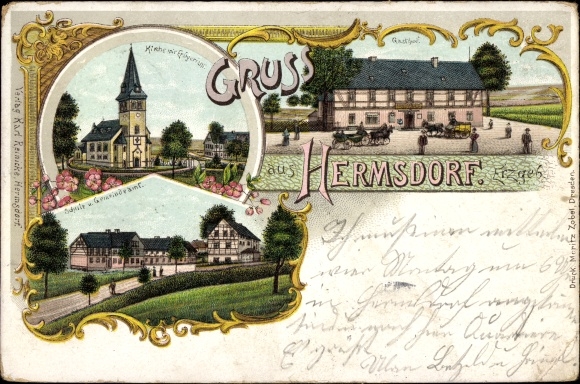 Chromo-Litho Hermsdorf in the Eastern Ore Mountains, church, inheritance court, inn, school, municipal office