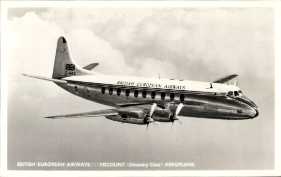Postcard passenger aircraft Viscount Discovery Class of British European Airways, G-AMOG
