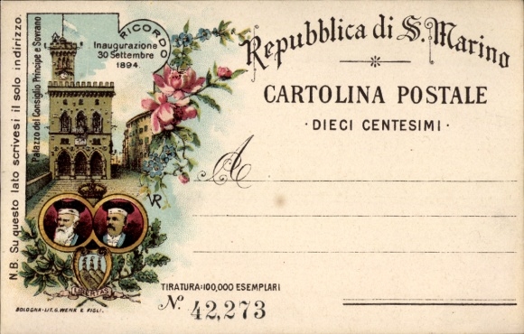 Prekursor lito San Marino, Palazzo del Consiglio Principe e Sovrano, inauguracja 1894
