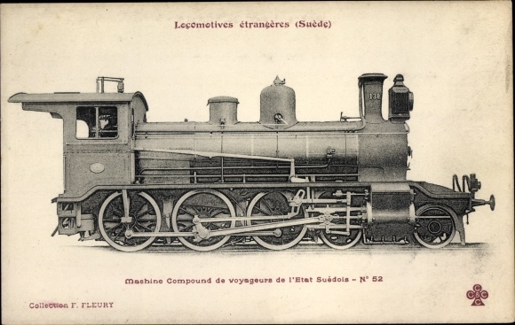 Postcard Locomotives étrangères de la Suède, Compound, Machine No 52, Swedish Railways, steam locomotive