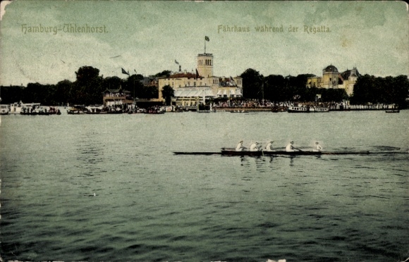 Postcard Hamburg Uhlenhorst Mundsburg, ferry house during the regatta, water surface, rowers