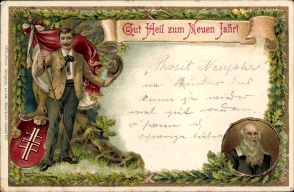 Präge Ak Glückwunsch Neujahr, Turnvater Jahn, Wappen, Mann mit Fahne