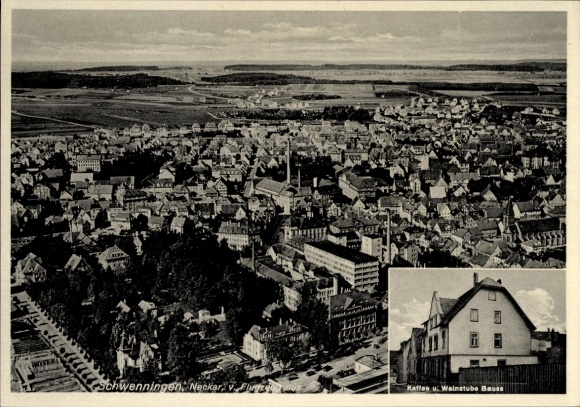 Ak Schwenningen am Neckar, luchtfoto, koffie- en wijnbar Bauss