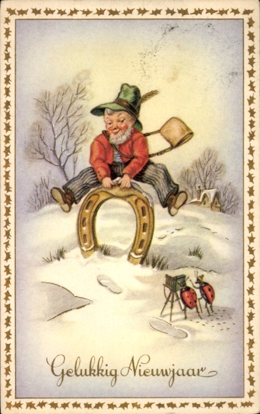 Postcard Happy New Year, goblin rides on a horseshoe, beetles photograph him