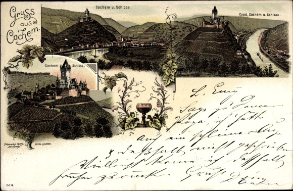 Litho Cochem an der Mosel, Panorama, Schloss, Weinglas