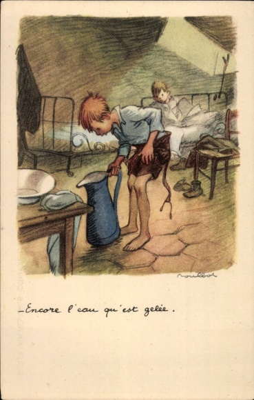 Artist PC Poulbot, Francisque, boys, frozen water in a jug, Ligue Nationale contre le Taudis