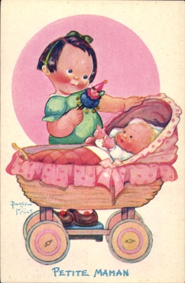 Artist Postcard Mallet, Beatrice, Petite Maman, girl with rattle, baby, stroller