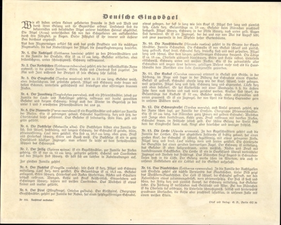 Timetable Sparkasse Herzogtum Gotha, German songbirds, blackbird thrush finch around 1930