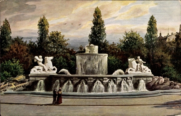 Postcard Munich, couple at the Wittelsbacherbrunnen, WIRO