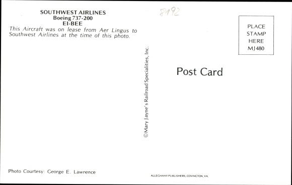 Postcard American passenger plane, Southwest Airlines, Boeing 737-200, EI-BEE, Aer Lingus