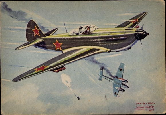 Artist Postcard Soviet fighter plane YAK 9, URSS