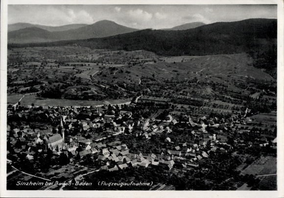 Postcard Sinzheim in Baden, aerial photograph, Sinzheim near Baden-Baden, rural landscape, church building