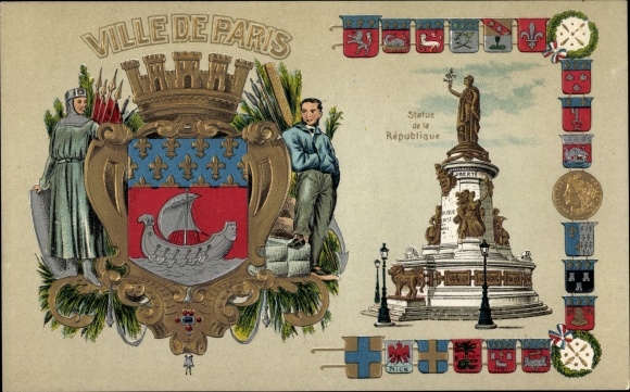 Wapenschild in reliëf Litho Paris, Ville de Paris, Statue de la Republique