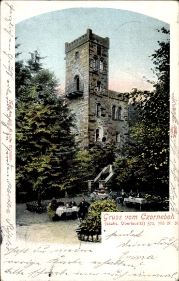 Ak Oberpiependorf Radebeul in Saksen, torengebouw, landschap, tafel, stoelen, groeten uit Czorneboh