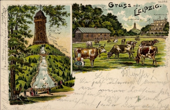 litho Leipzig, Alpenhut in Rosenthal, Scherbelberg, Kaiserpark, koeien, herten, Bruno Bürger 393