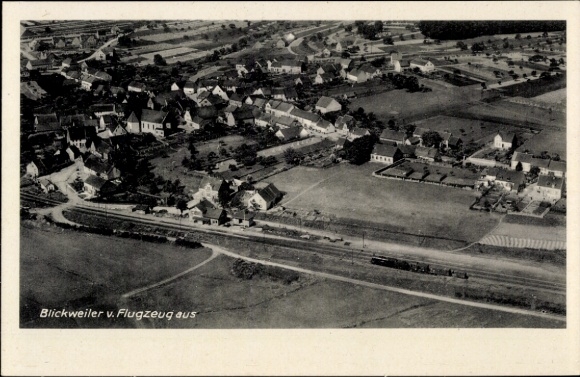 Postcard Blickweiler Blieskastel, aerial photograph, bakery inn, colonial goods