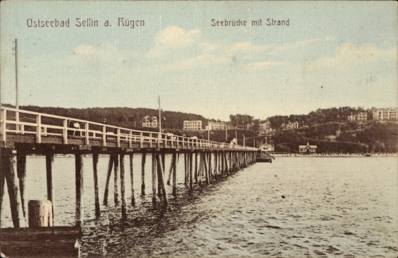 Ak Ostseebad Sellin op Rügen, pier met strand, Ostseebad Sellin, Rügen