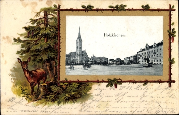 Embossed passepartout PC Holzkirchen in the district of Miesbach, Upper Bavaria, city view, forest, deer