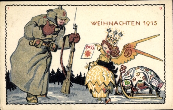 Artist PC War Christmas 1915, soldier on guard post, angel with passport, Bahlsen's Leibniz biscuit