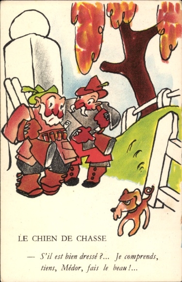 Postcard Two hunters, conversation, hunting dog