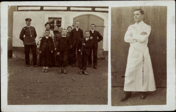 Photo Postcard Frankenthal Lausitz Saxony, group of children, man in uniform, young man in work clothes