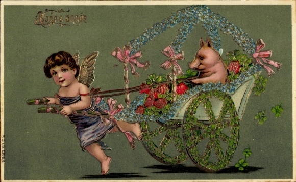 Glitter Postcard Happy New Year, Flower Cart, Angel, Piglet