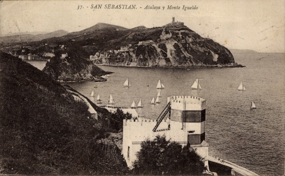 Postcard Donostia San Sebastian Basque Country, view of Monte Igueldo, sailboats, coastal landscape