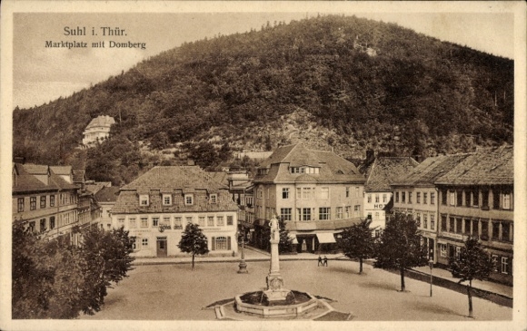 Postcard Suhl in Thuringia, market square with cathedral hill, architecture, trees