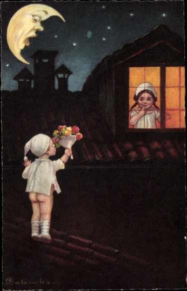 Artist PC Colombo, E. Lovers, bouquet of flowers, face of the moon