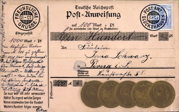Präge Ak Münzen, Deutsche Reichspost Postanweisung, Freundliche Grüße, Postamt Glückshausen