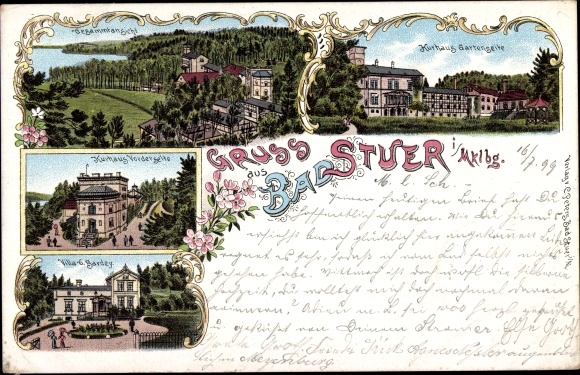 Chromo-Litho Bad Stuer in Mecklenburg, Kurhaus garden side, front side, Villa G. Bardey